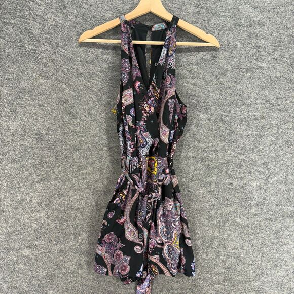 Express Jumpsuit Women 8 Black Paisley Belted V-Neck Sleeveless Hook & Eye - Picture 1 of 8